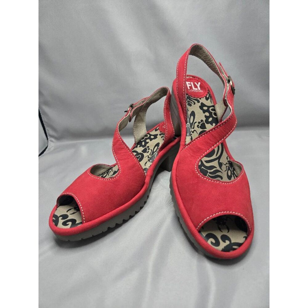 Fly London Wyno Red Leather Slingback Sandals Block Heel. EU 38 US 7.5-8.